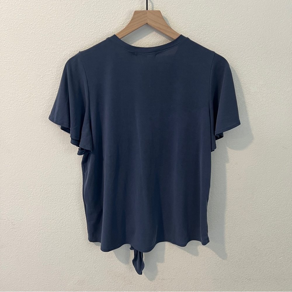 Green Envelop Soft Modal Blue V Neck Button Front Flutter Sleeve Popover Top - Picture 7 of 10